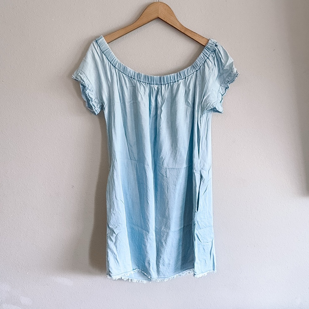 Hem & Thread Light Blue Denim Off Shoulder Mini Dress Medium